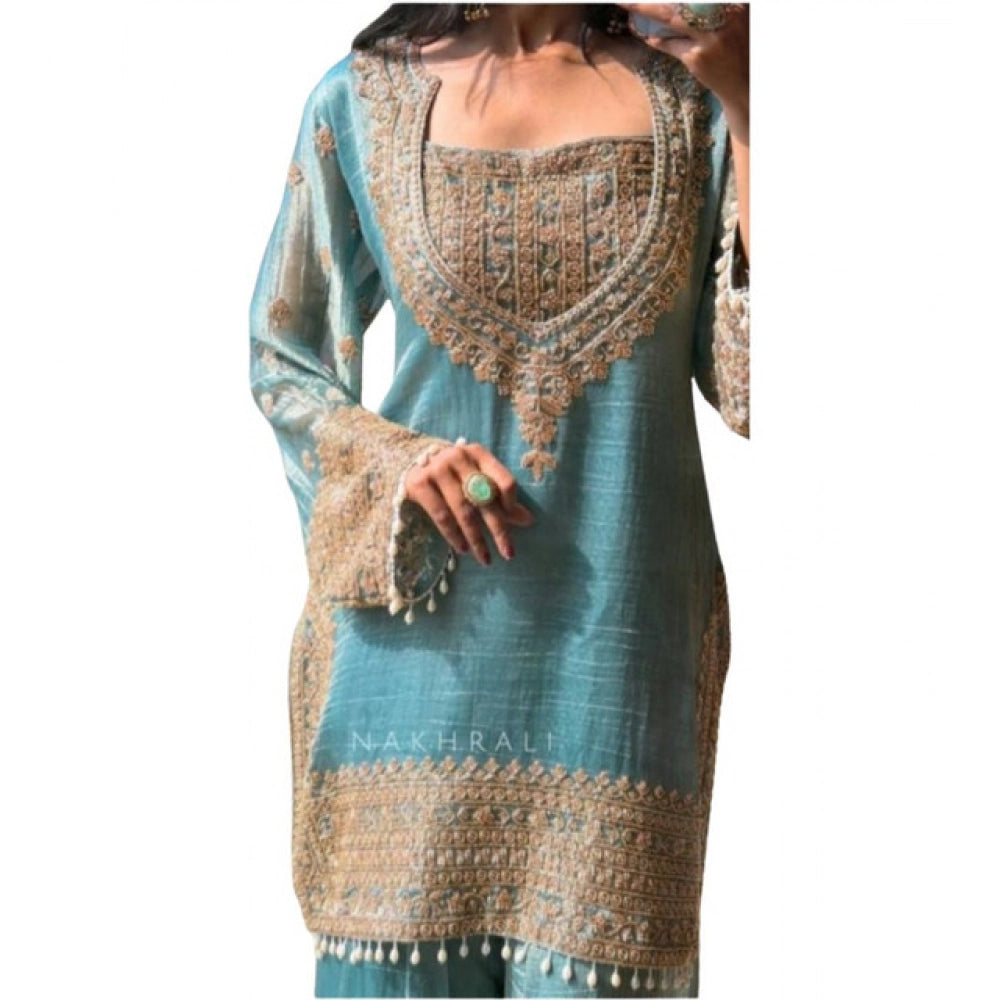 Women'S Silk Embroidered 3/4Th Sleeve Round Kurti With Sharara