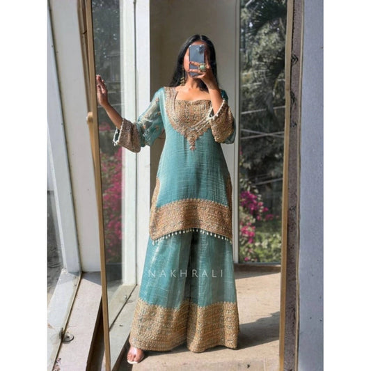 Women'S Silk Embroidered 3/4Th Sleeve Round Kurti With Sharara