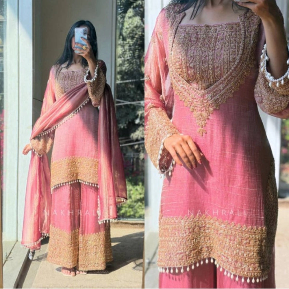 Women'S Silk Embroidered 3/4Th Sleeve Round Kurti With Sharara