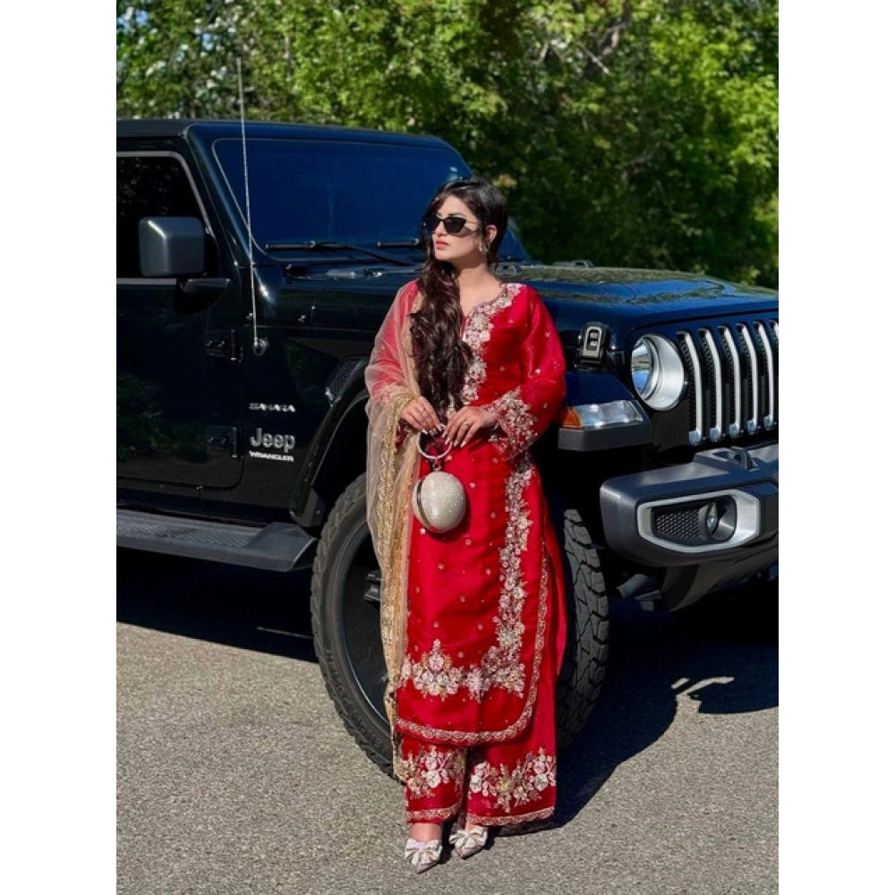 Women'S Silk Embroidered 3/4Th Sleeve Round Readymade Kurti Wi