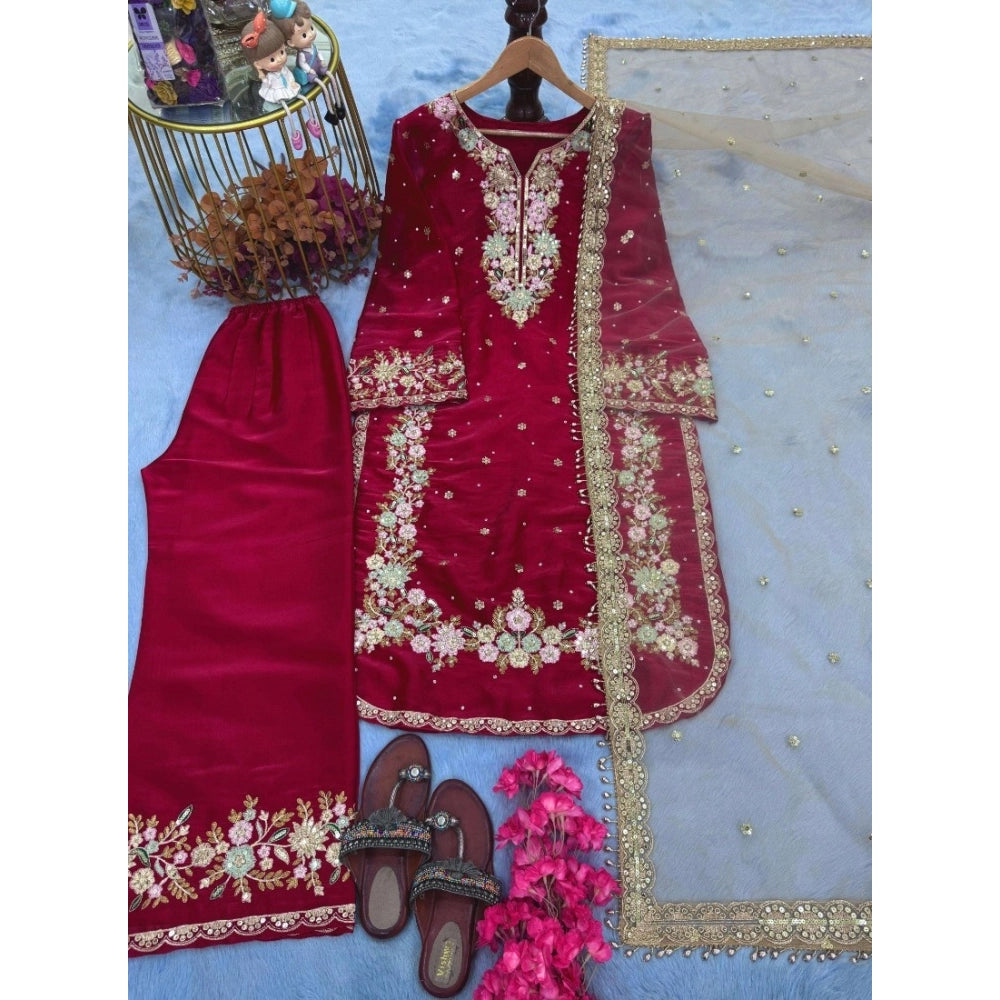 Women'S Silk Embroidered 3/4Th Sleeve Round Readymade Kurti Wi