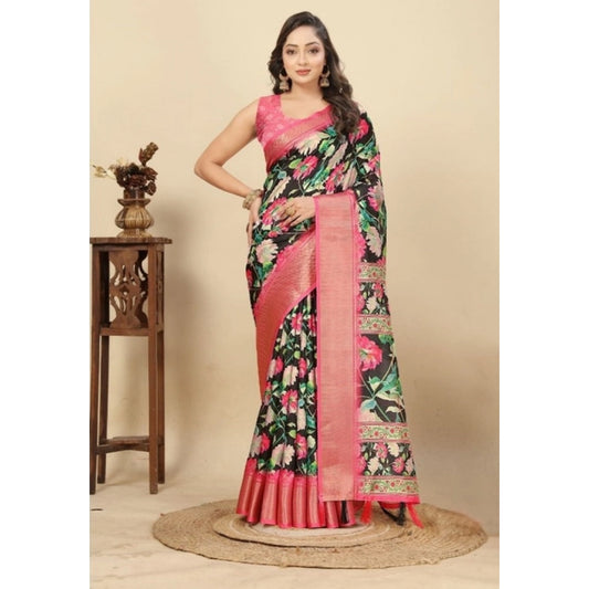 Women'S Cotton Silk Floral Printed Saree With Unstitched Blous