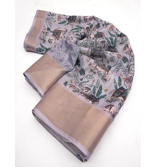 Women'S Cotton Silk Printed Saree With Unstitched Blouse 5.5Mt