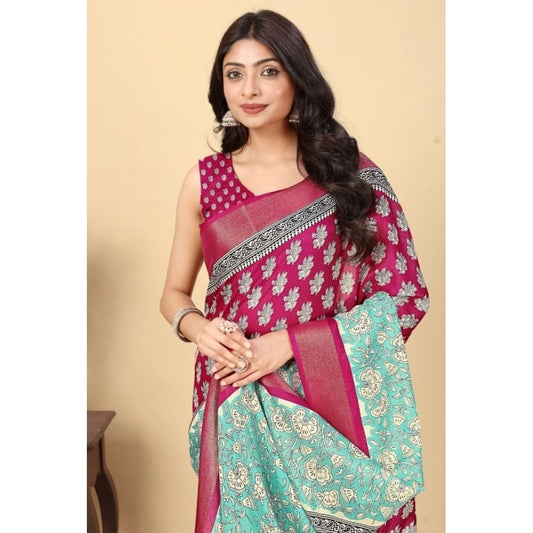 Women'S Cotton Blend Printed Saree With Unstitched Blouse 5.5M