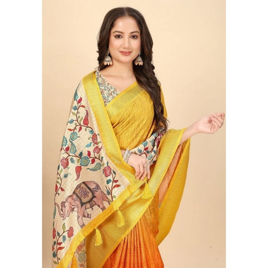 Women'S Cotton Blend Floral Printed Saree With Unstitched Blou