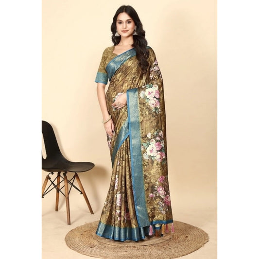 Women'S Cotton Blend Floral Printed Saree With Unstitched Blou