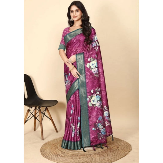 Women'S Cotton Blend Floral Printed Saree With Unstitched Blou