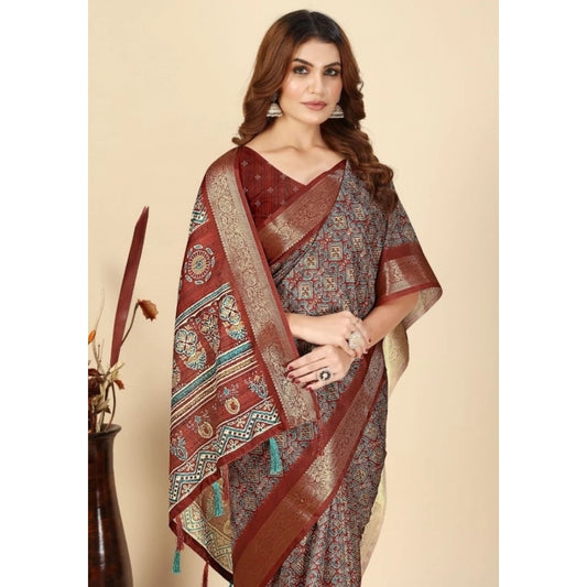 Women'S Cotton Blend Printed Saree With Unstitched Blouse 5.5M