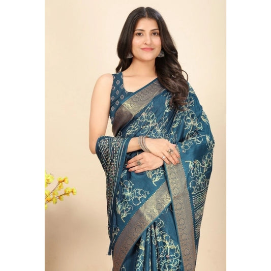 Women'S Cotton Silk Floral Printed Saree With Unstitched Blous