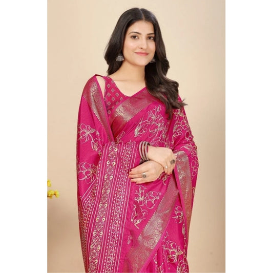 Women'S Cotton Silk Floral Printed Saree With Unstitched Blous