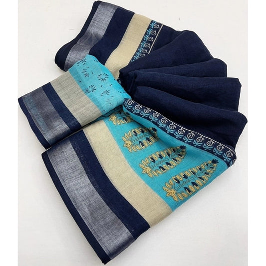 Women'S Cotton Linen Printed Saree With Unstitched Blouse 5.5M