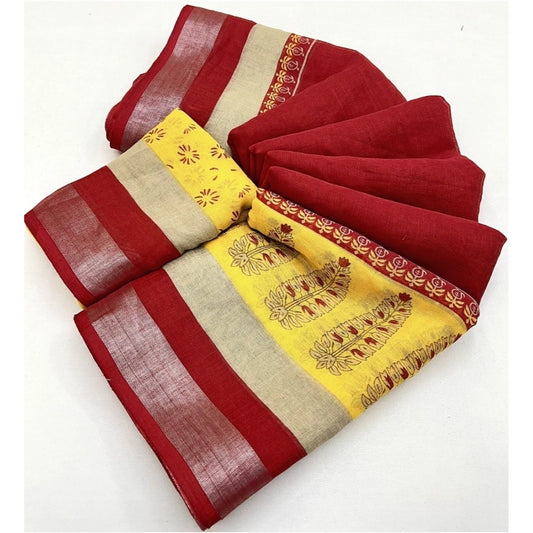Women'S Cotton Linen Printed Saree With Unstitched Blouse 5.5M