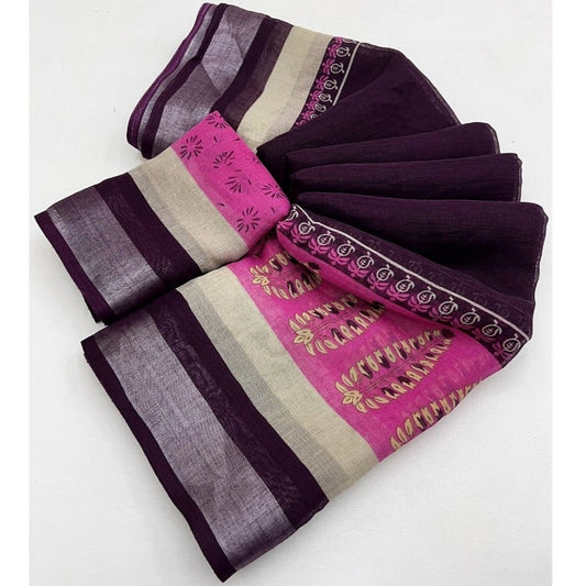 Women'S Cotton Linen Printed Saree With Unstitched Blouse 5.5M