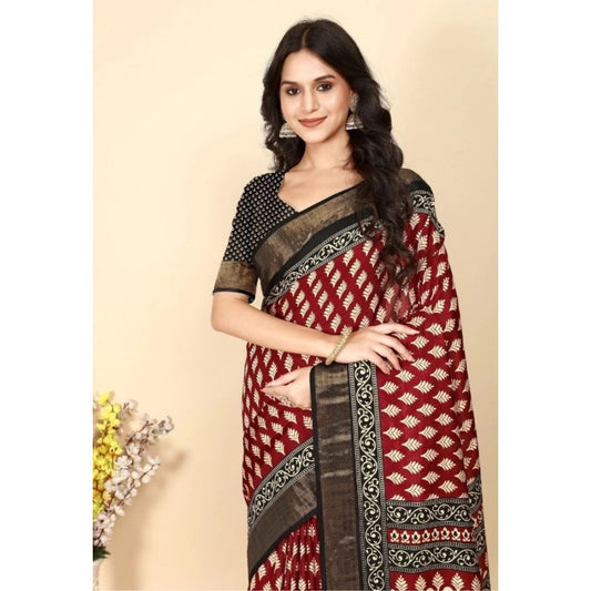 Women'S Cotton Silk Printed Saree With Unstitched Blouse 5.5Mt