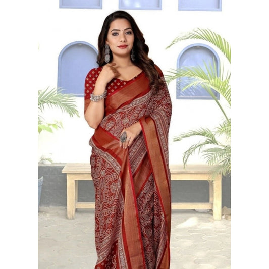 Women'S Cotton Silk Printed Saree With Unstitched Blouse 5.5Mt