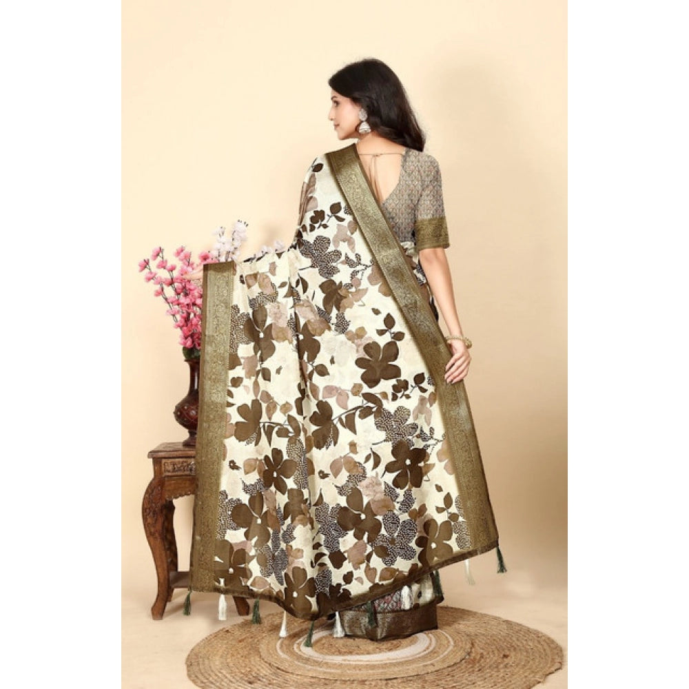 Women'S Cotton Silk Floral Printed Saree With Unstitched Blous