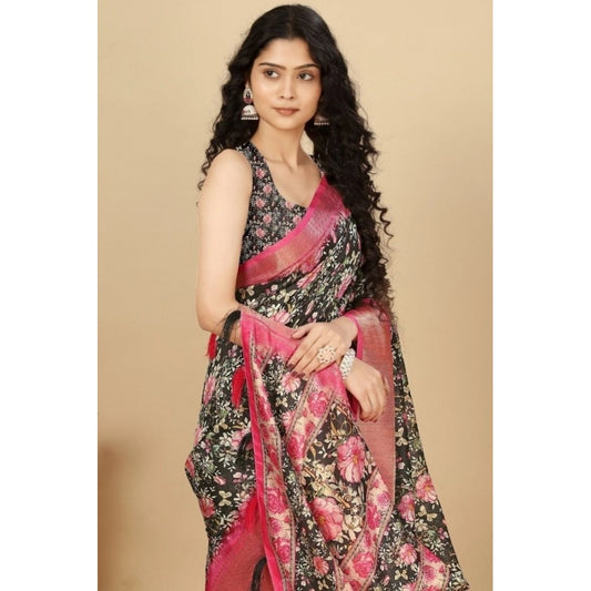 Women'S Cotton Silk Floral Printed Saree With Unstitched Blous