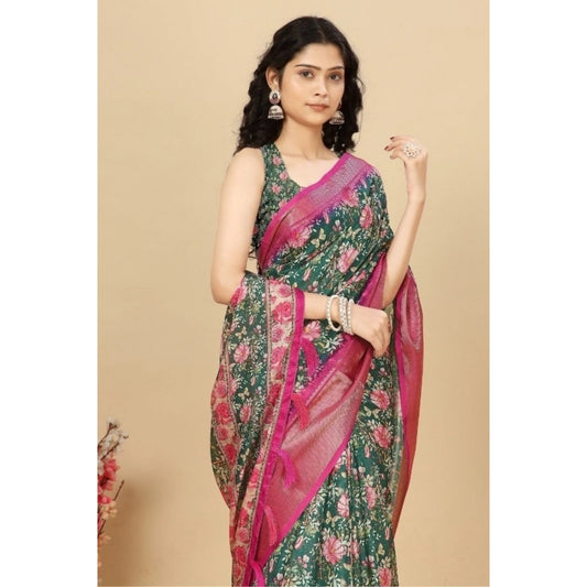 Women'S Cotton Silk Floral Printed Saree With Unstitched Blous