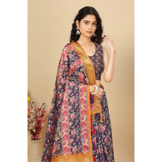 Women'S Cotton Silk Floral Printed Saree With Unstitched Blous