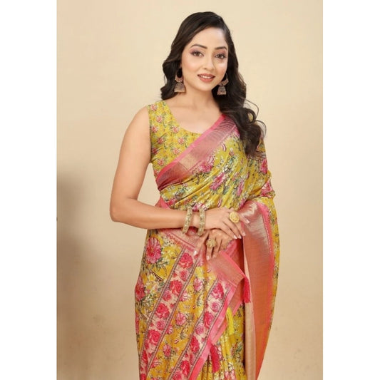 Women'S Cotton Silk Floral Printed Saree With Unstitched Blous