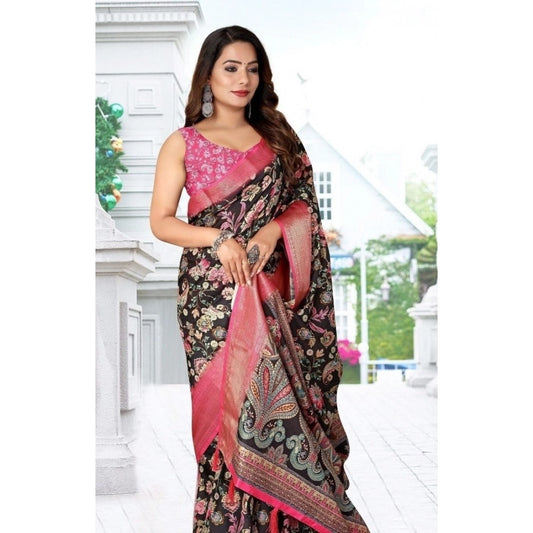 Women'S Cotton Silk Floral Printed Saree With Unstitched Blous