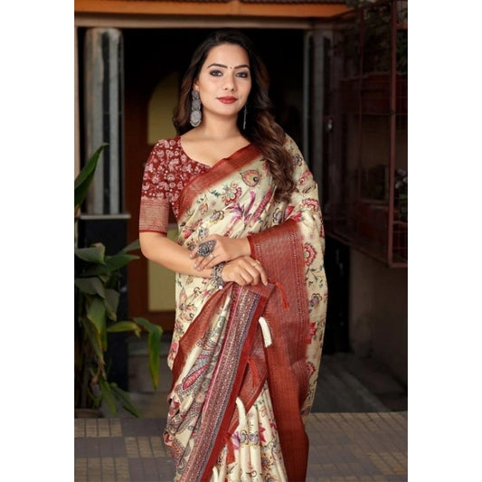 Women'S Cotton Silk Floral Printed Saree With Unstitched Blous
