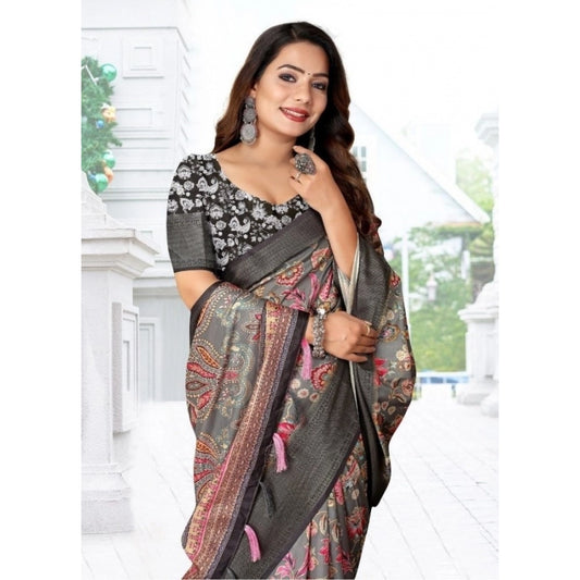 Women'S Cotton Silk Floral Printed Saree With Unstitched Blous