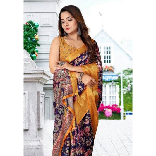Women'S Cotton Silk Floral Printed Saree With Unstitched Blous