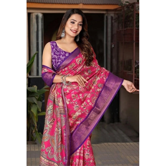 Women'S Cotton Silk Floral Printed Saree With Unstitched Blous