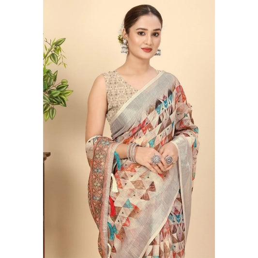 Women'S Cotton Silk Printed Saree With Unstitched Blouse 5.5Mt