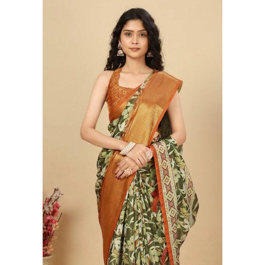 Women'S Cotton Silk Floral Printed Saree With Unstitched Blous