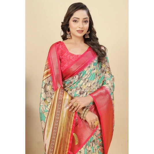 Women'S Cotton Silk Floral Printed Saree With Unstitched Blous