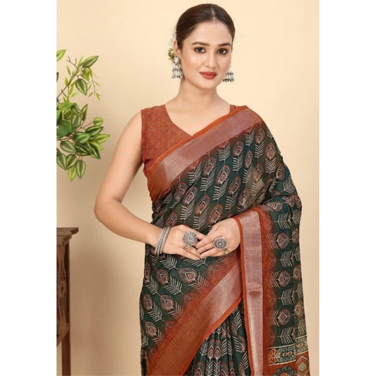 Women'S Cotton Silk Printed Saree With Unstitched Blouse 5.5Mt