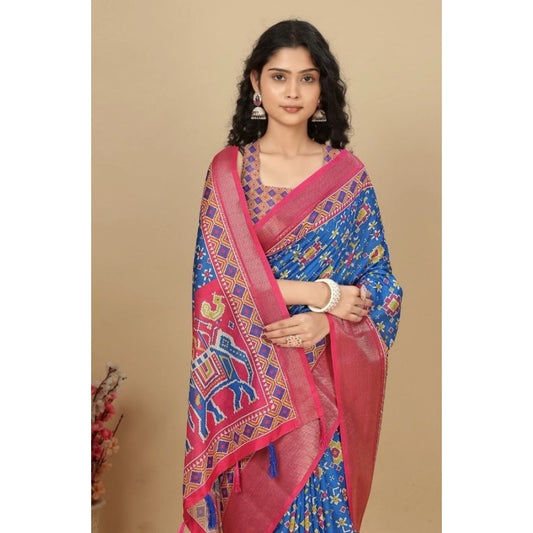 Women'S Cotton Silk Printed Saree With Unstitched Blouse 5.5Mt