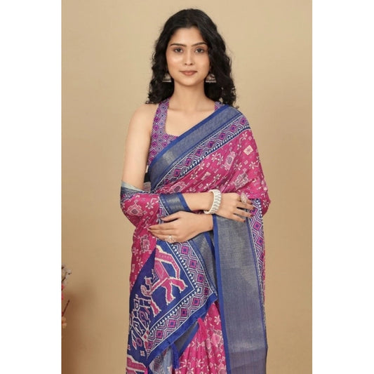 Women'S Cotton Silk Printed Saree With Unstitched Blouse 5.5Mt