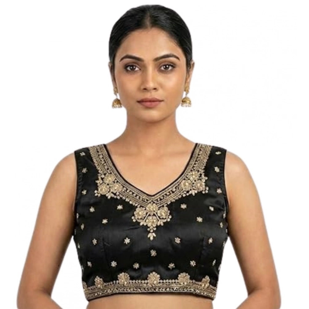 Women'S Silk Embroidered V-Neck Sleeveless Readymade Padded Bl
