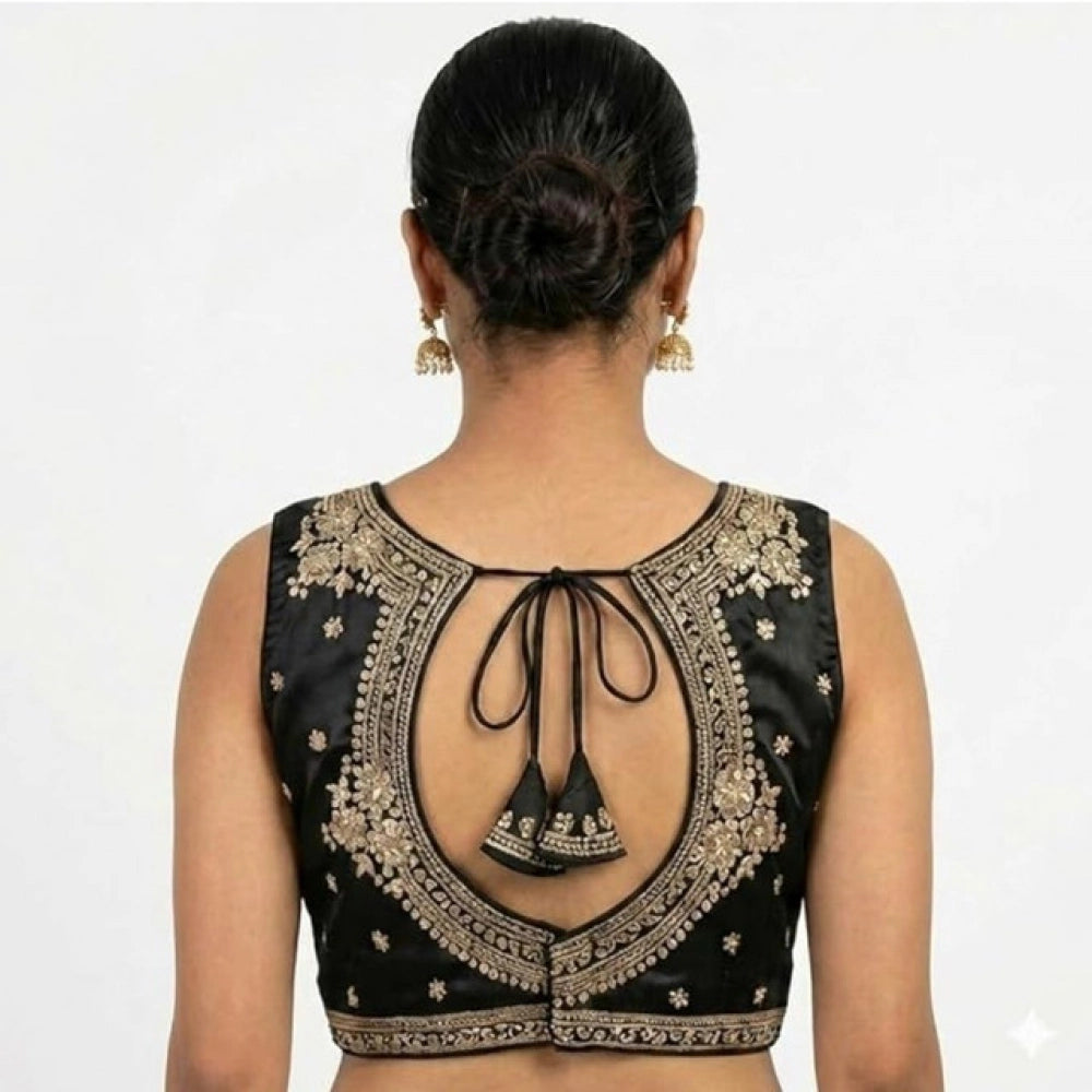Women'S Silk Embroidered V-Neck Sleeveless Readymade Padded Bl