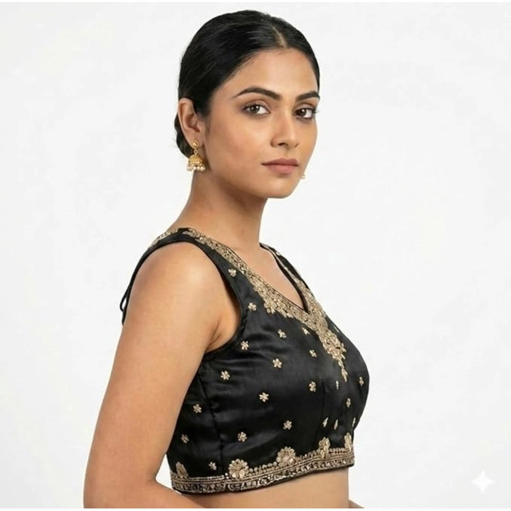 Women'S Silk Embroidered V-Neck Sleeveless Readymade Padded Bl