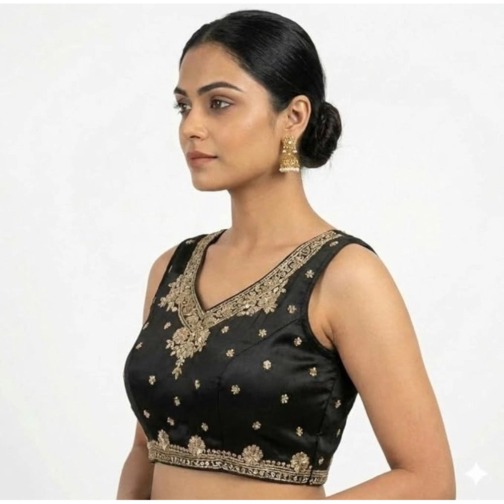 Women'S Silk Embroidered V-Neck Sleeveless Readymade Padded Bl