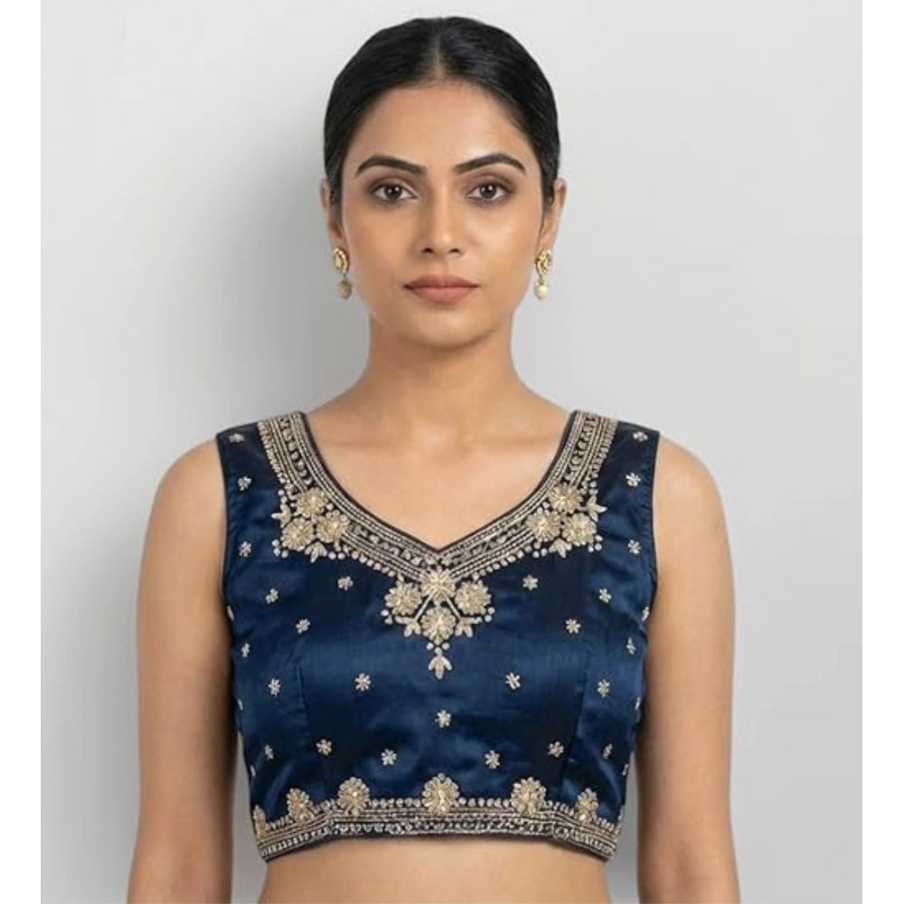 Women'S Silk Embroidered V-Neck Sleeveless Readymade Padded Bl