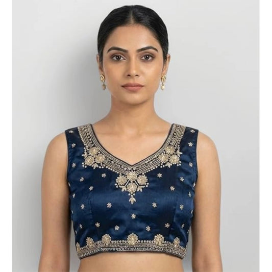 Women'S Silk Embroidered V-Neck Sleeveless Readymade Padded Bl