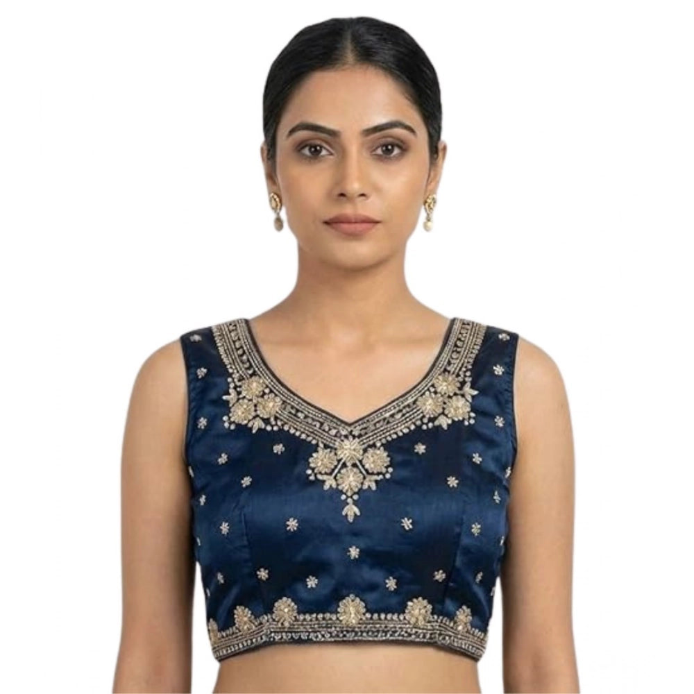Women'S Silk Embroidered V-Neck Sleeveless Readymade Padded Bl