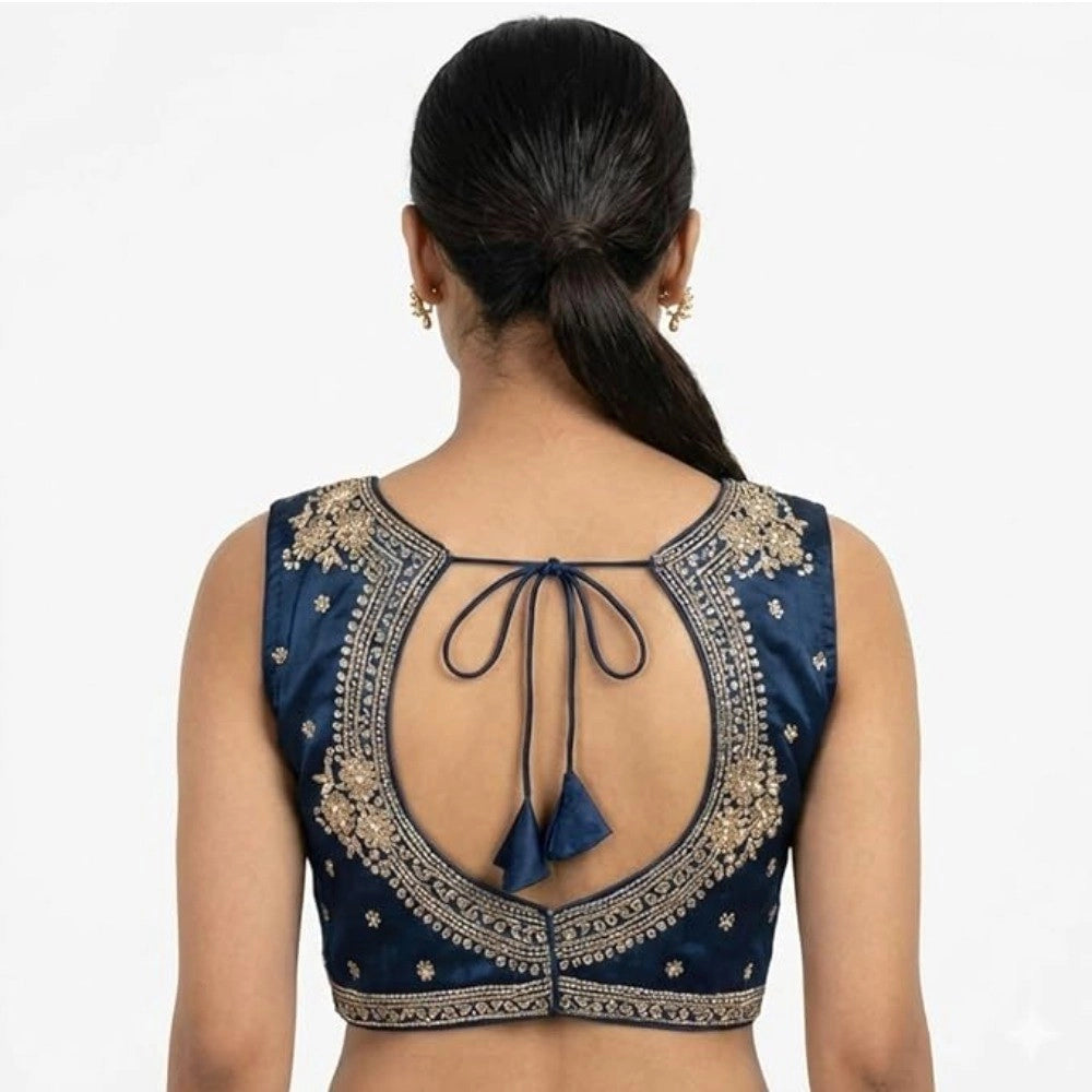 Women'S Silk Embroidered V-Neck Sleeveless Readymade Padded Bl