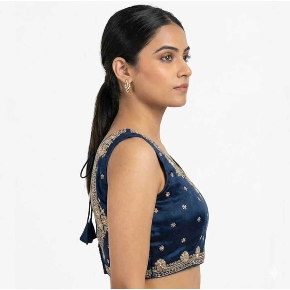 Women'S Silk Embroidered V-Neck Sleeveless Readymade Padded Bl