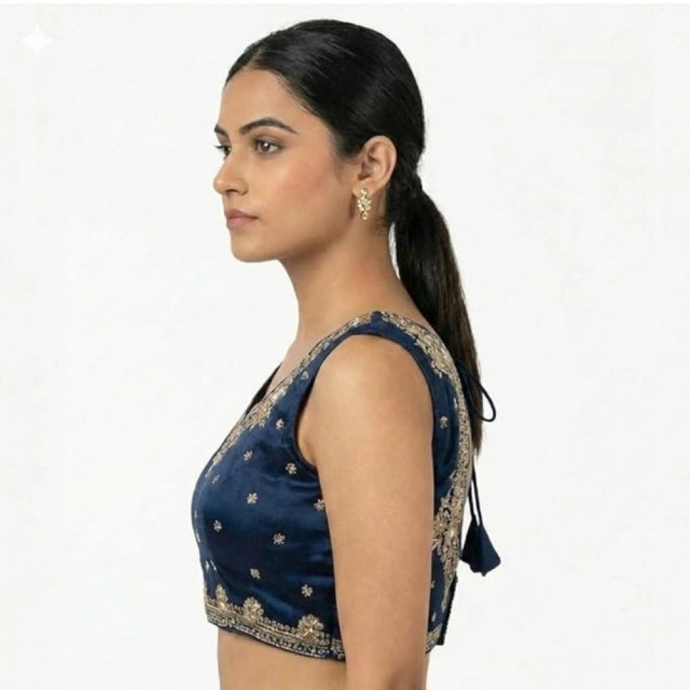 Women'S Silk Embroidered V-Neck Sleeveless Readymade Padded Bl