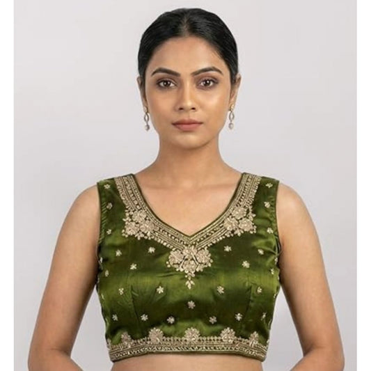 Women'S Silk Embroidered V-Neck Sleeveless Readymade Padded Bl