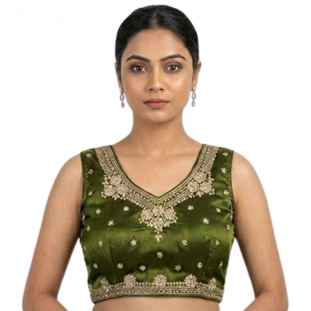 Women'S Silk Embroidered V-Neck Sleeveless Readymade Padded Bl