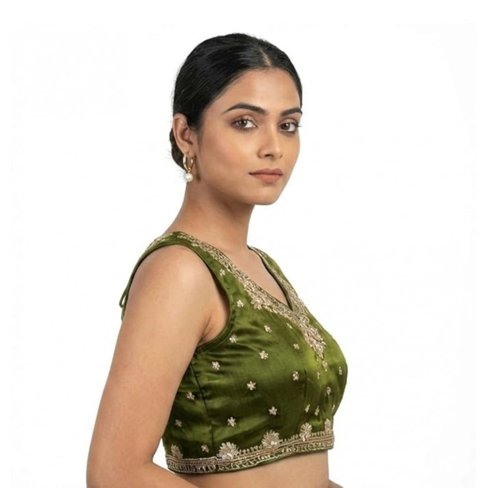 Women'S Silk Embroidered V-Neck Sleeveless Readymade Padded Bl