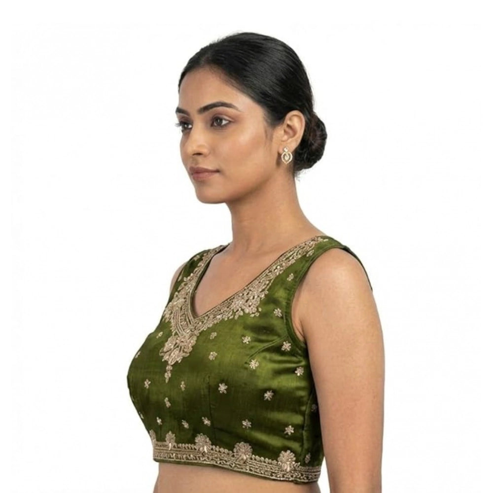 Women'S Silk Embroidered V-Neck Sleeveless Readymade Padded Bl