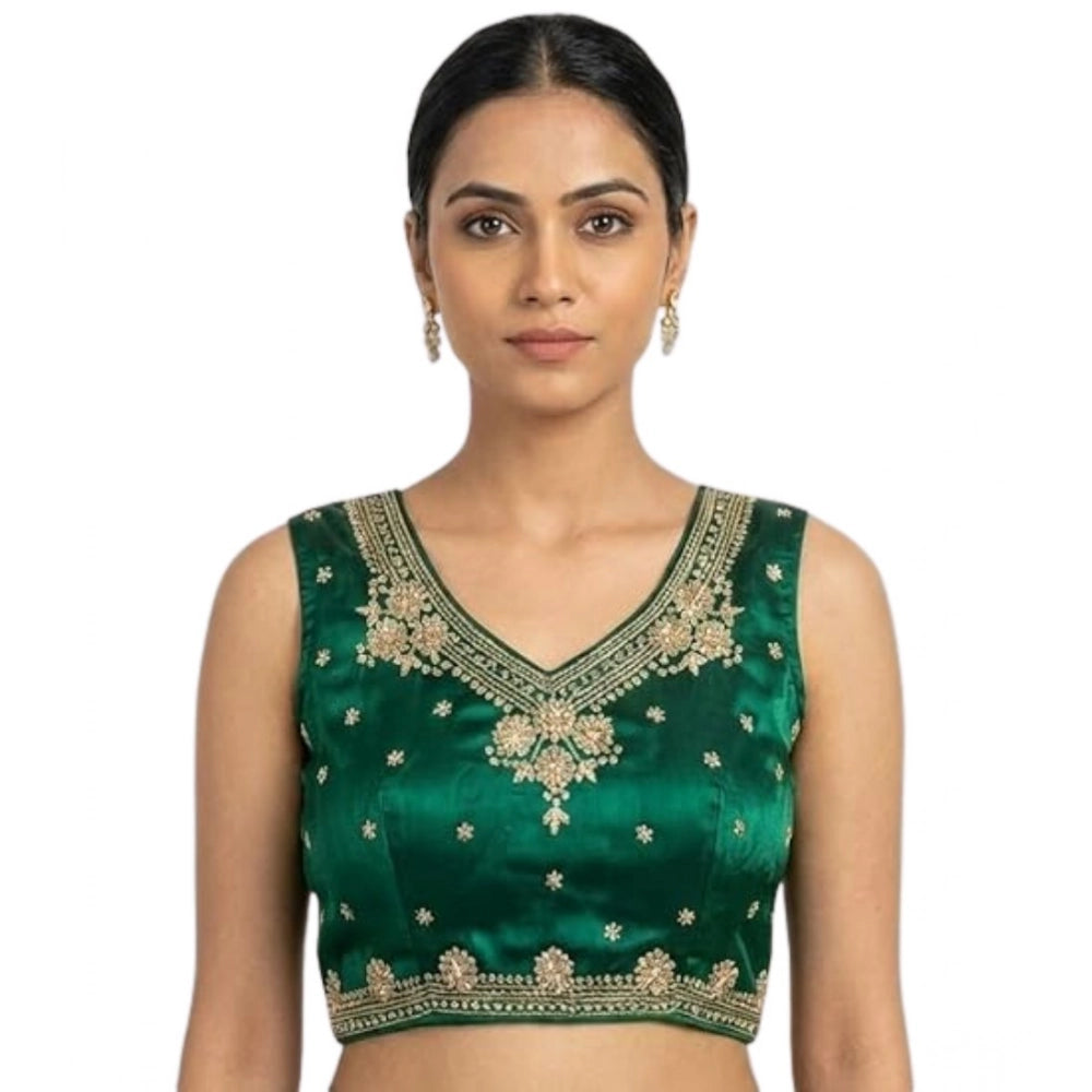 Women'S Silk Embroidered V-Neck Sleeveless Readymade Padded Bl